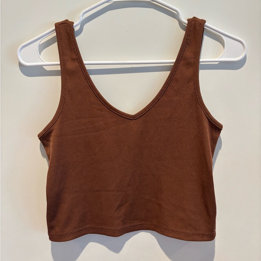 Brown Ribbed Cropped Tank